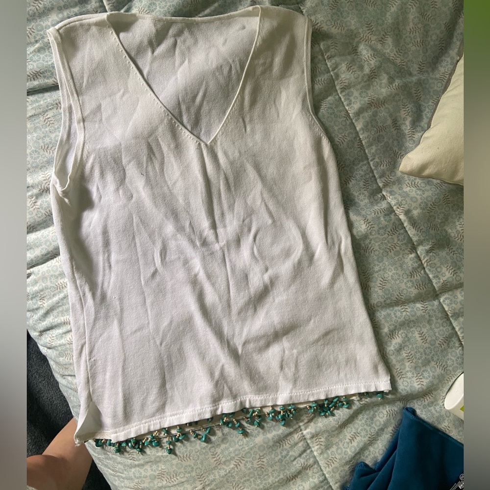 Beaded ivory knit tank top